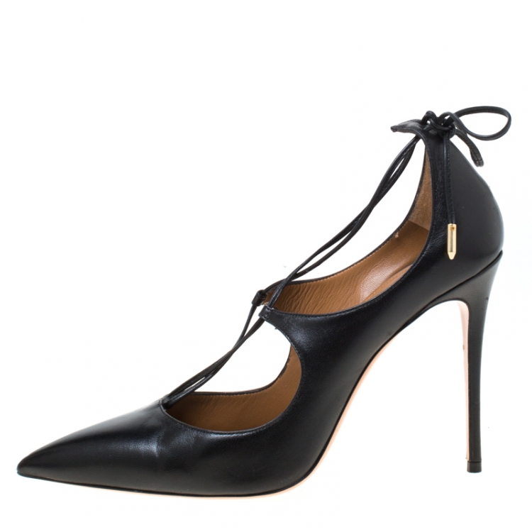 Pre Owned Aquazzura Black Leather Matilde Tie Up Pointed Toe Pumps Size 40