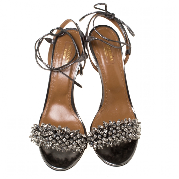 Pre Owned Aquazzura Metallic Grey Leather Embellished Ankle Wrap Open Toe Sandals Size 40