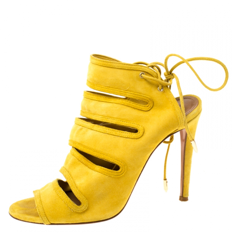 Pre Owned Aquazzura Mustard Suede Sloane Cutout Peep Toe Sandals Size 37