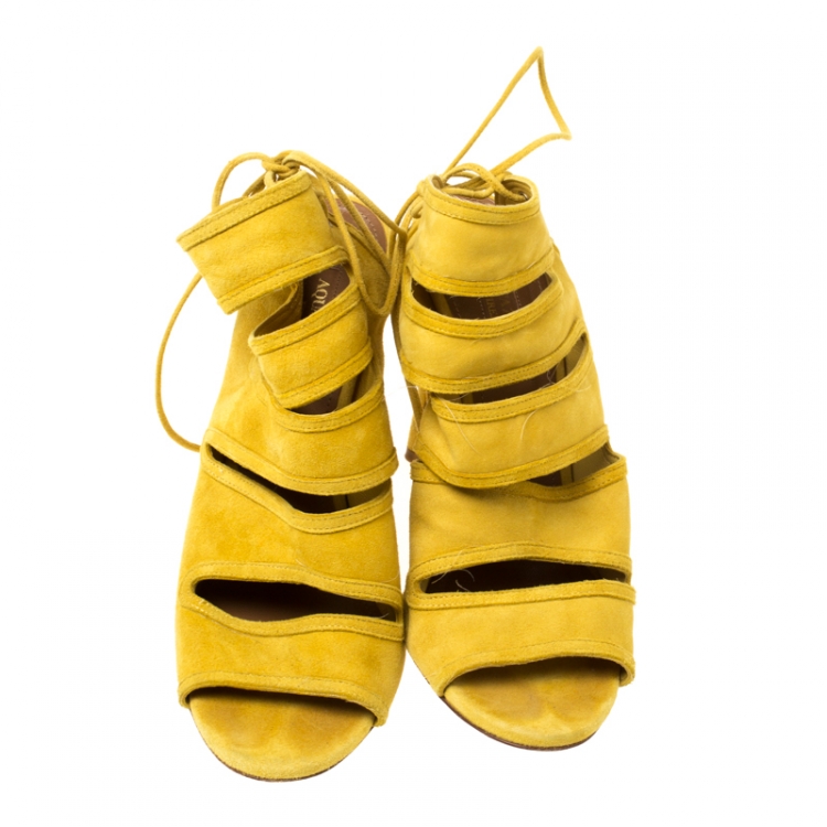 Pre Owned Aquazzura Mustard Suede Sloane Cutout Peep Toe Sandals Size 37