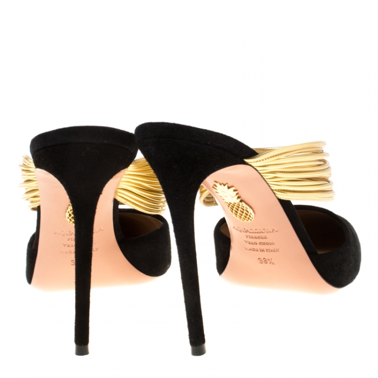 Pre Owned Aquazzura Black Suede And Metallic Gold Leather Rendez Vous Pointed Toe Mules Size 38.5