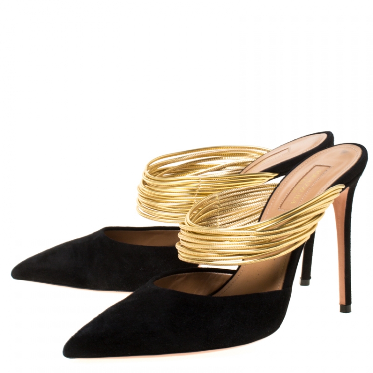 Pre Owned Aquazzura Black Suede And Metallic Gold Leather Rendez Vous Pointed Toe Mules Size 38.5
