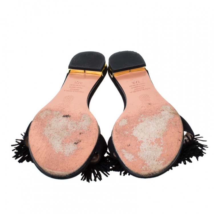 Pre Owned Aquazzura Black Suede Wild Thing Fringe Trimmed Flat Slides Size 37.5