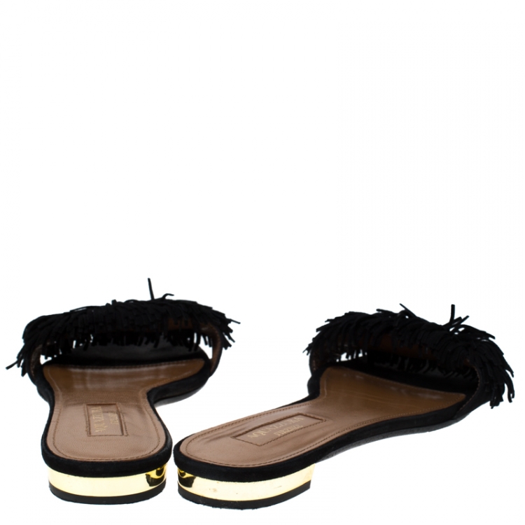 Pre Owned Aquazzura Black Suede Wild Thing Fringe Trimmed Flat Slides Size 37.5