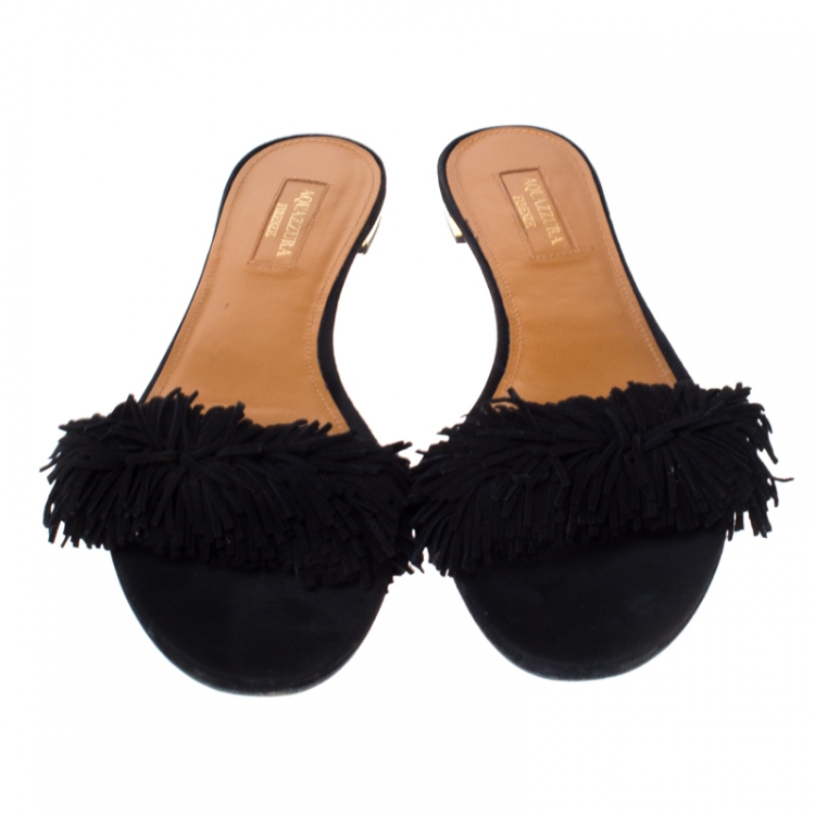 Pre Owned Aquazzura Black Suede Wild Thing Fringe Trimmed Flat Slides Size 37.5