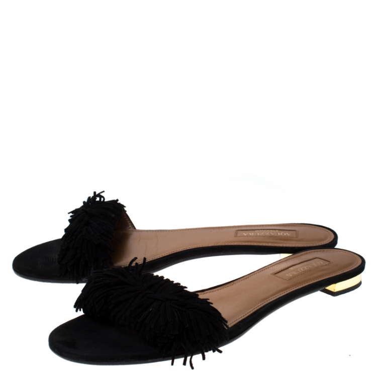 Pre Owned Aquazzura Black Suede Wild Thing Fringe Trimmed Flat Slides Size 37.5