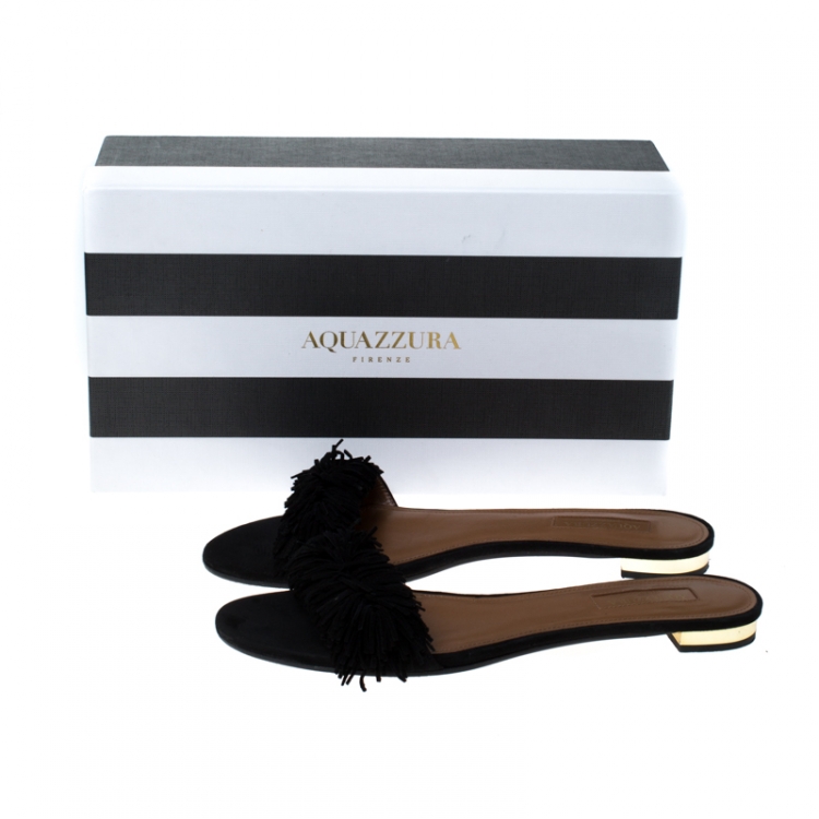Pre Owned Aquazzura Black Suede Wild Thing Fringe Trimmed Flat Slides Size 37.5