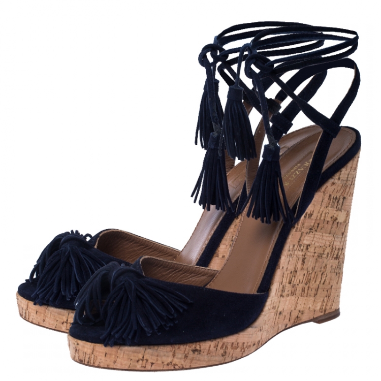 Pre Owned Aquazzura Blue Suede Fringe Cork Wedges Platform Ankle Wrap Sandals Size 39.5
