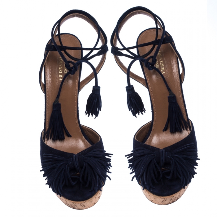 Pre Owned Aquazzura Blue Suede Fringe Cork Wedges Platform Ankle Wrap Sandals Size 39.5
