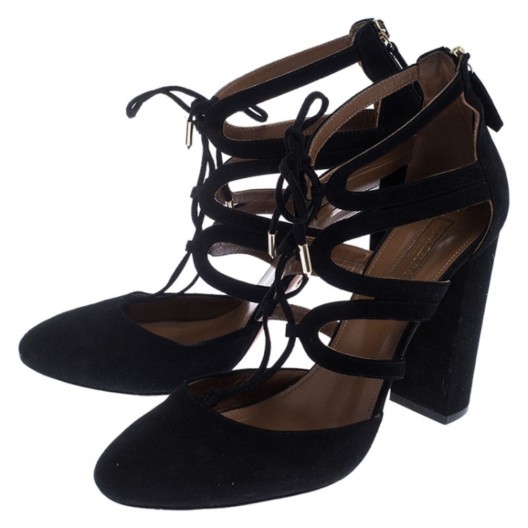 Pre Owned Aquazzura Black Suede Holli Curvy-Caged Pumps Size 42