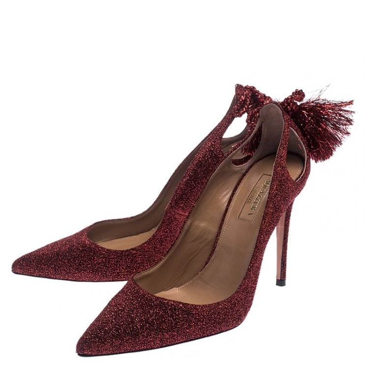 Pre Owned Aquazzura Red Shimmery Fabric Forever Marilyn Pointed Toe Pumps Size 37.5