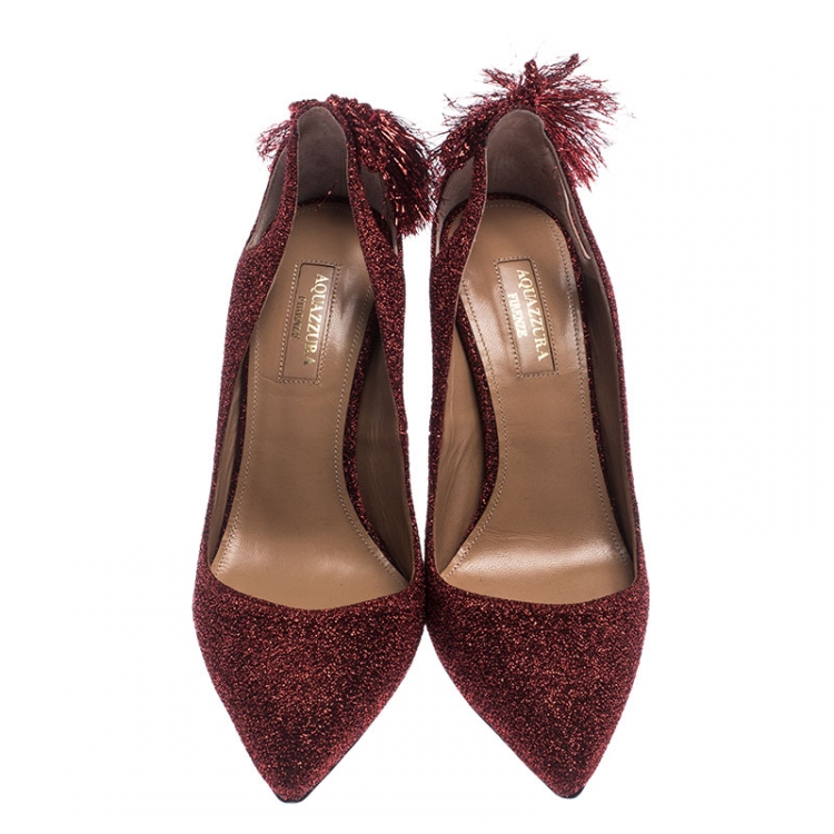 Pre Owned Aquazzura Red Shimmery Fabric Forever Marilyn Pointed Toe Pumps Size 37.5