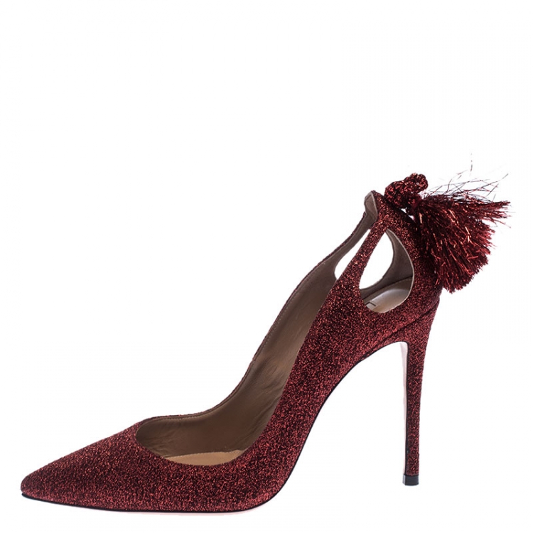 Pre Owned Aquazzura Red Shimmery Fabric Forever Marilyn Pointed Toe Pumps Size 37.5