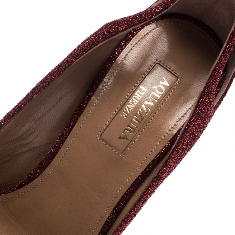 Pre Owned Aquazzura Red Shimmery Fabric Forever Marilyn Pointed Toe Pumps Size 37.5