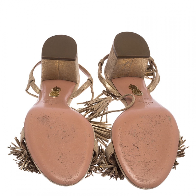 Pre Owned Aquazzura Gold Suede Wild Thing Block Heel Sandals Size 41