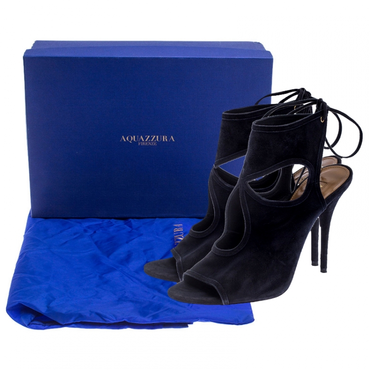 Pre Owned Aquazzura Black Suede Leather Sexy Thing Cutout Ankle Wrap Sandals Size 38