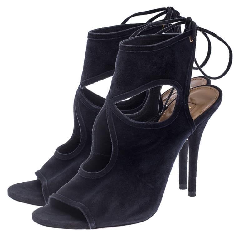 Pre Owned Aquazzura Black Suede Leather Sexy Thing Cutout Ankle Wrap Sandals Size 38