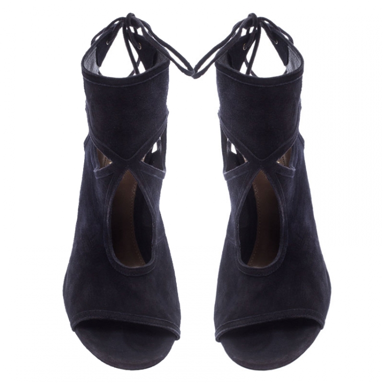 Pre Owned Aquazzura Black Suede Leather Sexy Thing Cutout Ankle Wrap Sandals Size 38