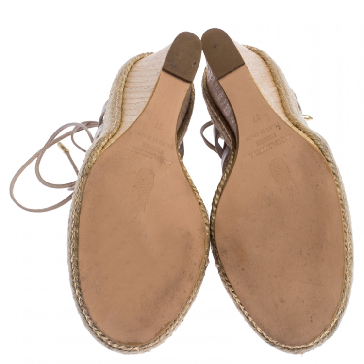 Pre Owned Aquazzura Beige Leather Lace Up Amazon Wedge Sandals Size 37