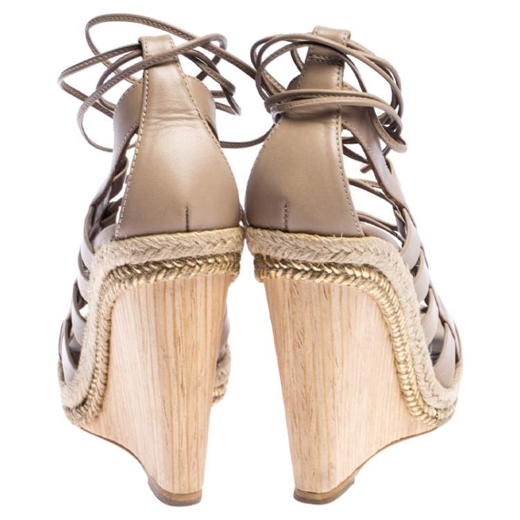 Pre Owned Aquazzura Beige Leather Lace Up Amazon Wedge Sandals Size 37