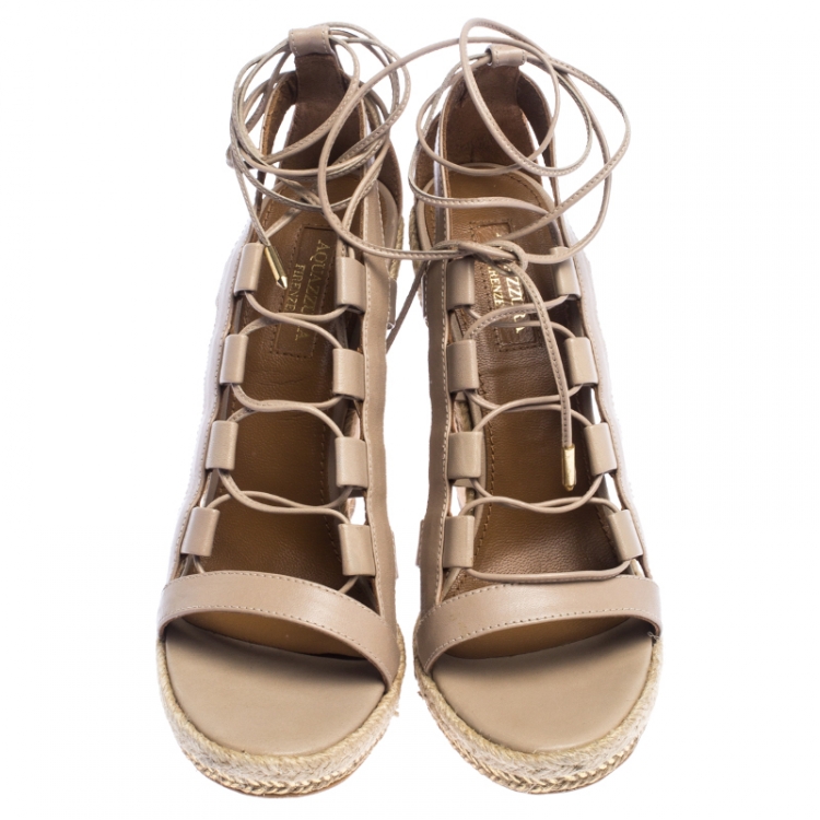 Pre Owned Aquazzura Beige Leather Lace Up Amazon Wedge Sandals Size 37