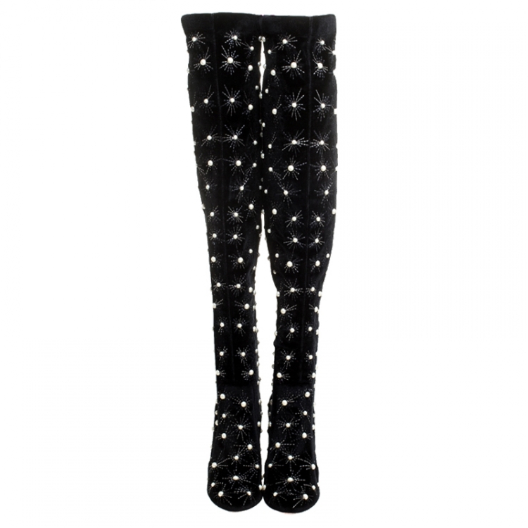 مملوكة مسبقًا Aquazzura Black Velvet Pearl Studded Over The Knee Length Boots Size 38