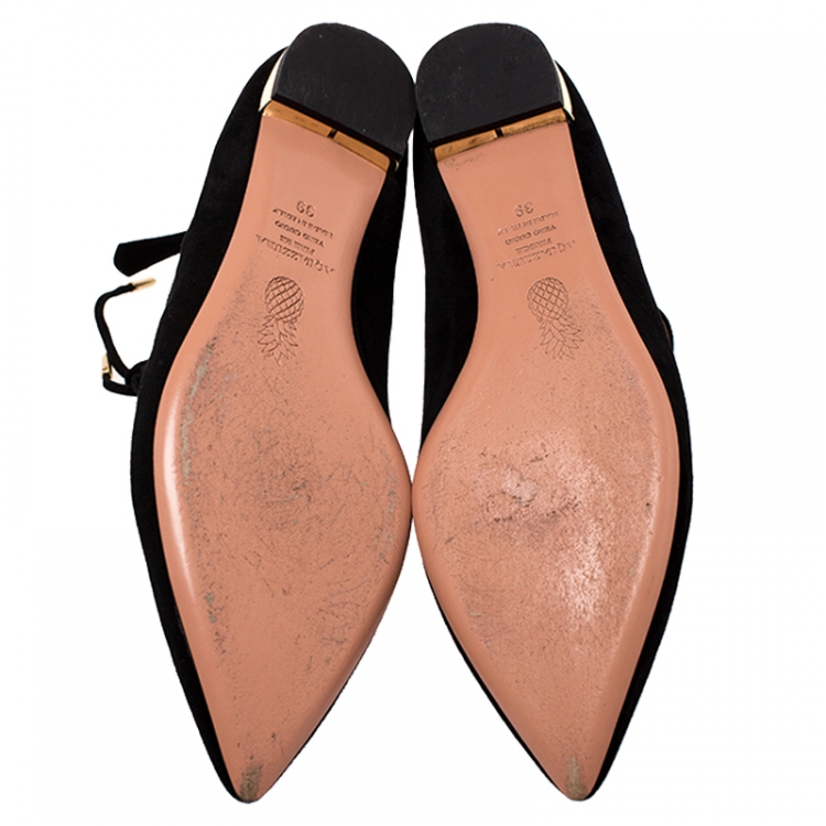 Pre Owned Aquazzura Black Suede Belgravia Ankle Wrap Flats Size 39