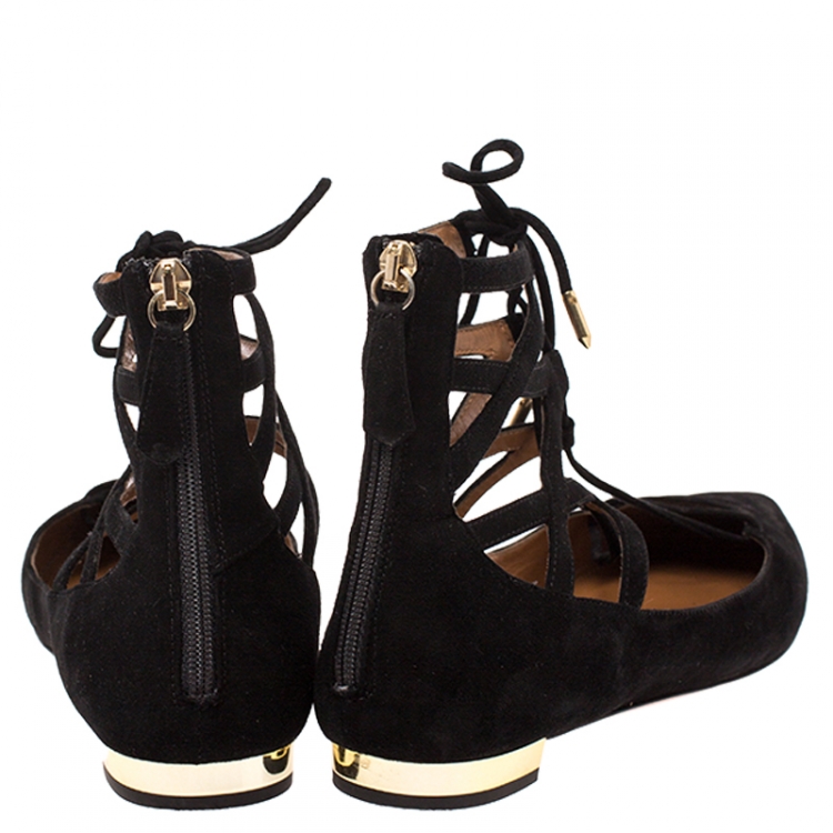 Pre Owned Aquazzura Black Suede Belgravia Ankle Wrap Flats Size 39