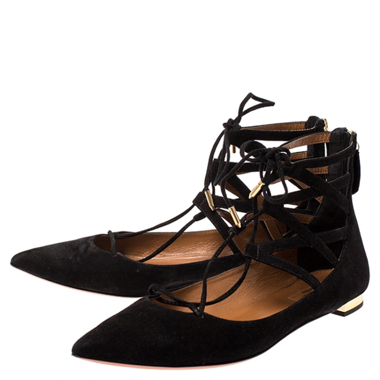 Pre Owned Aquazzura Black Suede Belgravia Ankle Wrap Flats Size 39