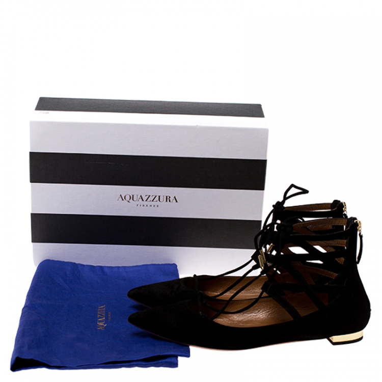 Pre Owned Aquazzura Black Suede Belgravia Ankle Wrap Flats Size 39