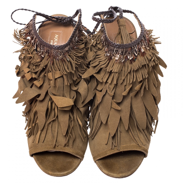 Pre Owned Aquazzura Brown Suede Fringed Ankle Strap Sandals Size 39