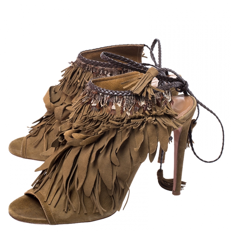 Pre Owned Aquazzura Brown Suede Fringed Ankle Strap Sandals Size 39
