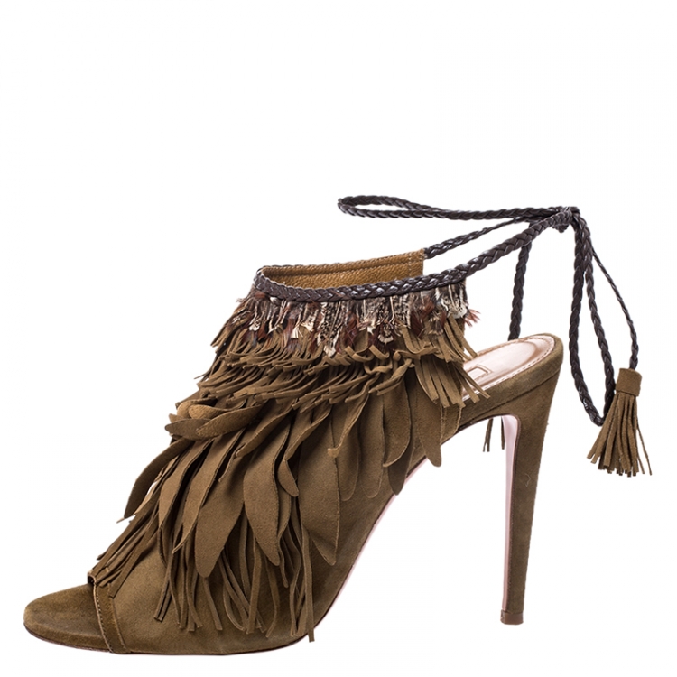 Pre Owned Aquazzura Brown Suede Fringed Ankle Strap Sandals Size 39