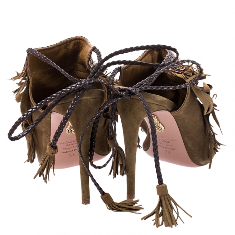 Pre Owned Aquazzura Brown Suede Fringed Ankle Strap Sandals Size 39