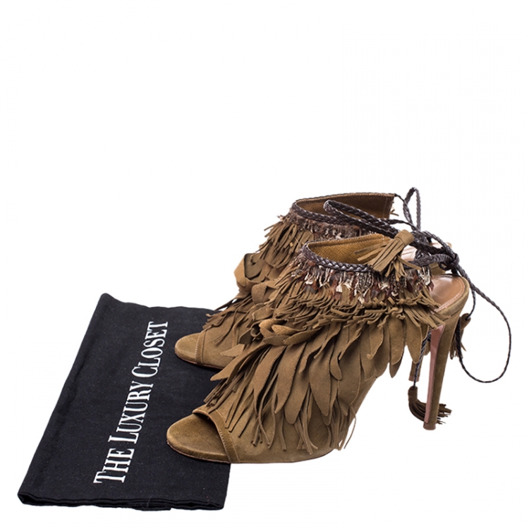 Pre Owned Aquazzura Brown Suede Fringed Ankle Strap Sandals Size 39