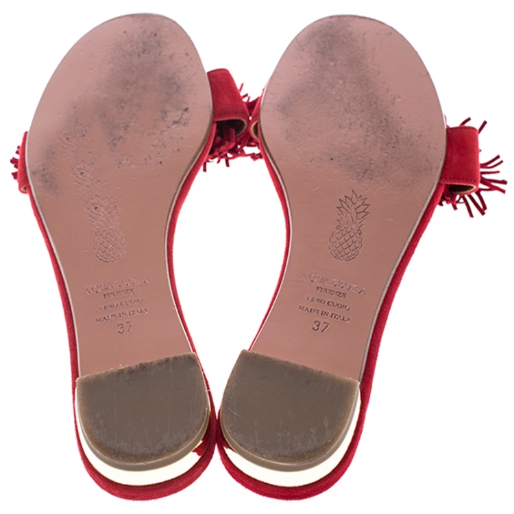 Pre Owned Aquazzura Red Suede Fringe Wild Thing Flats Slides Size 37