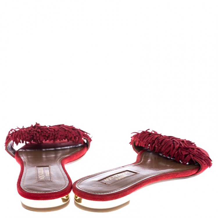 Pre Owned Aquazzura Red Suede Fringe Wild Thing Flats Slides Size 37