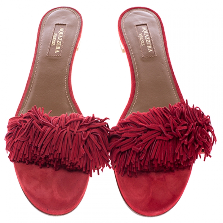 Pre Owned Aquazzura Red Suede Fringe Wild Thing Flats Slides Size 37