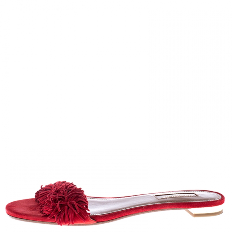Pre Owned Aquazzura Red Suede Fringe Wild Thing Flats Slides Size 37