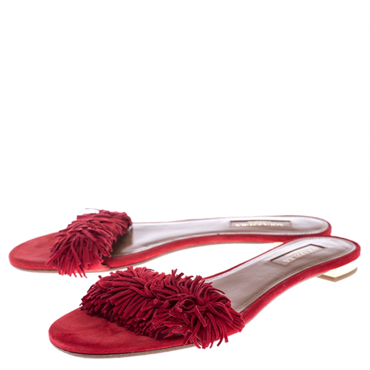 Pre Owned Aquazzura Red Suede Fringe Wild Thing Flats Slides Size 37