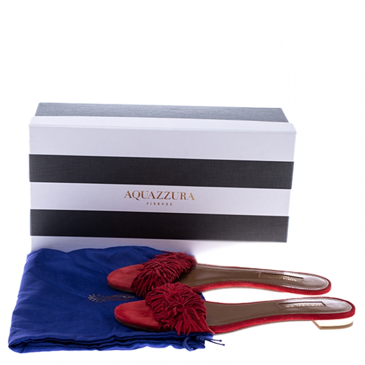 Pre Owned Aquazzura Red Suede Fringe Wild Thing Flats Slides Size 37