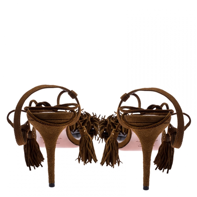 Pre Owned Aquazzura Brown Suede Leather Fringed Wild Things Ankle Wrap Sandals Size 37.5