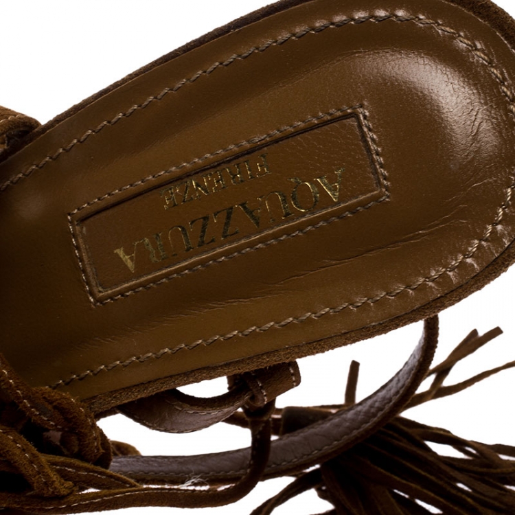 Pre Owned Aquazzura Brown Suede Leather Fringed Wild Things Ankle Wrap Sandals Size 37.5