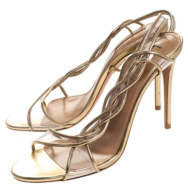 Pre Owned Aquazzura Metallic Gold Leather And PVC Swing Sandals Size 38