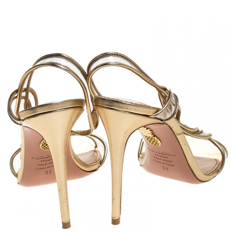 Pre Owned Aquazzura Metallic Gold Leather And PVC Swing Sandals Size 38