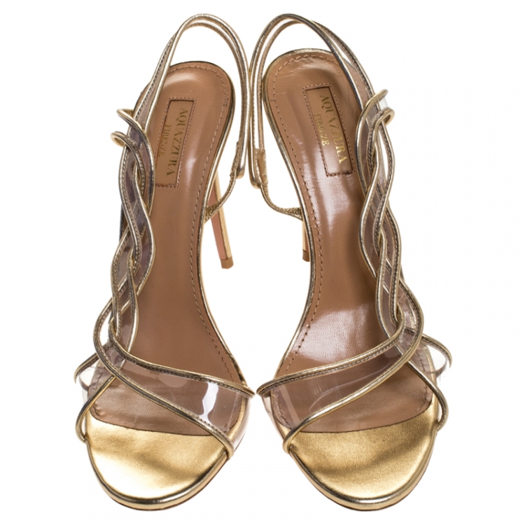 Pre Owned Aquazzura Metallic Gold Leather And PVC Swing Sandals Size 38