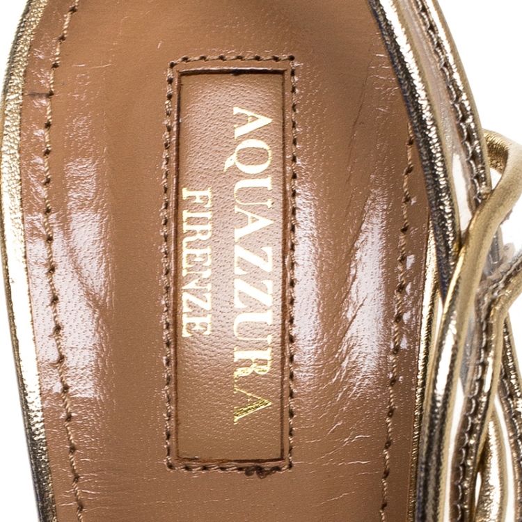 Pre Owned Aquazzura Metallic Gold Leather And PVC Swing Sandals Size 38