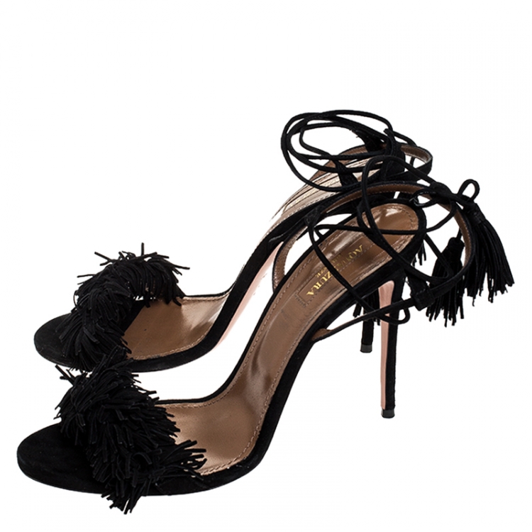 Pre Owned Aquazzura Black Fringed Suede Wild Thing Ankle Wrap Sandals Size 40