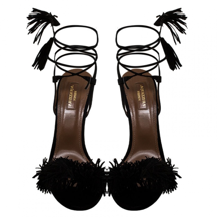 Pre Owned Aquazzura Black Fringed Suede Wild Thing Ankle Wrap Sandals Size 40