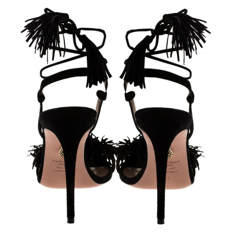 Pre Owned Aquazzura Black Fringed Suede Wild Thing Ankle Wrap Sandals Size 40